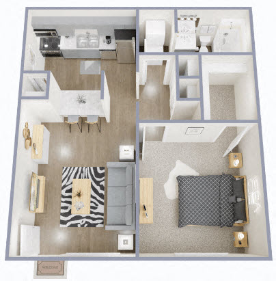 Floor plan for 1 bed, 1 bath, 610 sqft